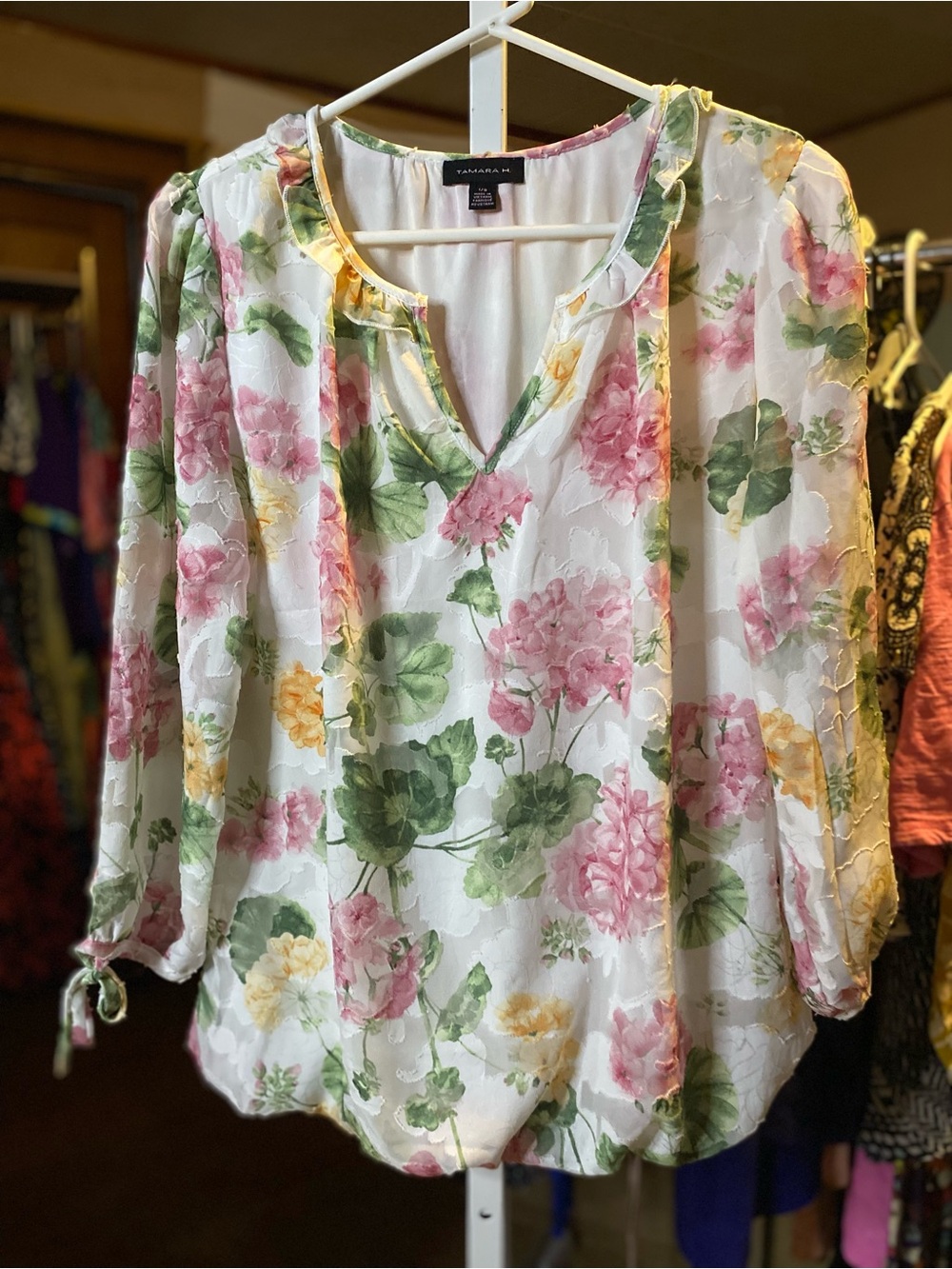 Tamara H White Floral V-Neck Blouse with Pink & Green Blooms